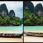 **Prompt:** A dramatic split image showcasing the duality of Thailand: on one side, a pristine tropical beach with calm turquoise waters, traditional longtail boats, and a distant serene temple under a clear sky. On the other side, the same coastal landscape dramatically transformed by the aftermath of a powerful natural disaster, such as receding floodwaters, scattered debris, or signs of tsunami impact, yet with glimpses of resilience from local communities beginning to recover or adapt. Use realistic, high-definition photography style with contrasting lighting to highlight the beauty and the challenges.