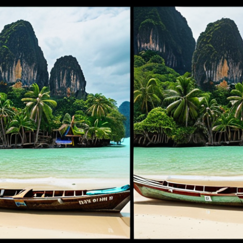 **Prompt:** A dramatic split image showcasing the duality of Thailand: on one side, a pristine tropical beach with calm turquoise waters, traditional longtail boats, and a distant serene temple under a clear sky. On the other side, the same coastal landscape dramatically transformed by the aftermath of a powerful natural disaster, such as receding floodwaters, scattered debris, or signs of tsunami impact, yet with glimpses of resilience from local communities beginning to recover or adapt. Use realistic, high-definition photography style with contrasting lighting to highlight the beauty and the challenges.