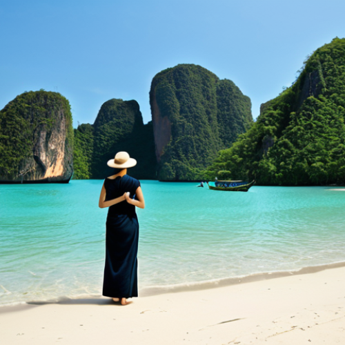 A thoughtful traveler, fully clothed in modest and comfortable adventure attire, stands on a pristine, uncrowded Thai beach, gazing at the clear turquoise waters and lush green coastline. The scene emphasizes responsible, quality tourism, with a focus on environmental preservation and the serene beauty of nature. The atmosphere is peaceful and tranquil. safe for work, appropriate content, fully clothed, modest, perfect anatomy, correct proportions, natural pose, well-formed hands, proper finger count, natural body proportions, professional photography, high quality.