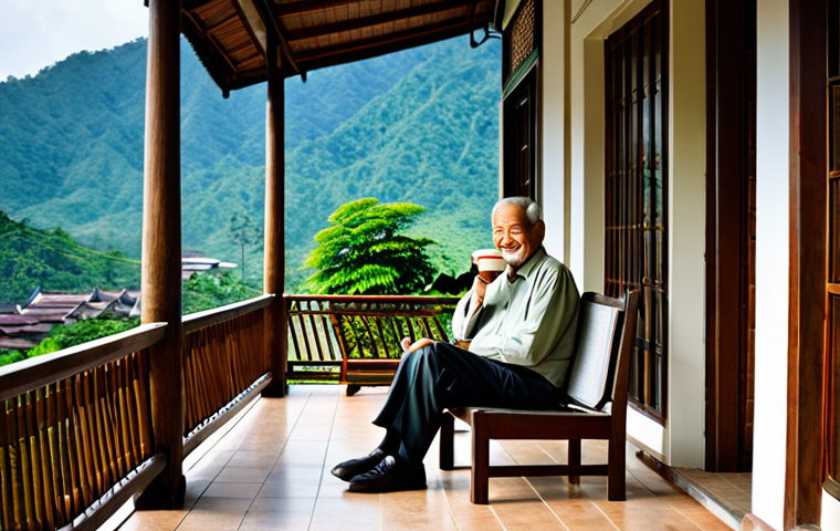 **
A serene retirement scene: A fully clothed, smiling senior man sits on a porch in Chiang Mai, Thailand, sipping tea. Lush green mountains in the background, modest Thai architecture. Safe for work, appropriate content, family-friendly, perfect anatomy, natural pose, professional photography, high quality.
**