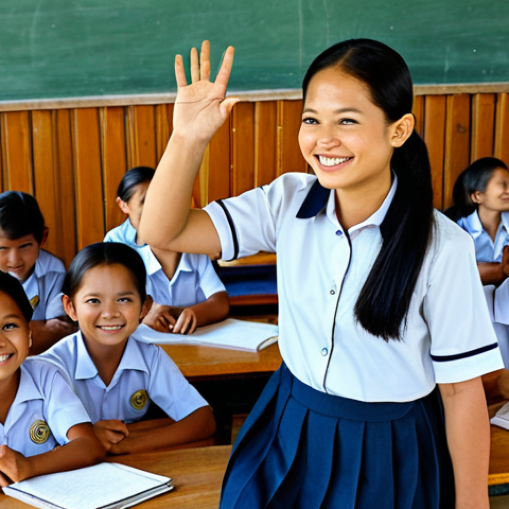 A volunteer teacher in Thailand, fully clothed in modest attire, interacts with cheerful children in a rural Thai school setting. The classroom is simple but functional, filled with locally made learning materials. The scene captures the joy of learning and cultural exchange. Safe for work, appropriate content, professional, family-friendly, perfect anatomy, correct proportions, natural pose, well-formed hands, proper finger count, natural body proportions.