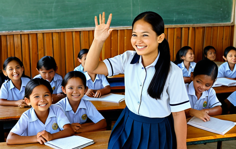 A volunteer teacher in Thailand, fully clothed in modest attire, interacts with cheerful children in a rural Thai school setting. The classroom is simple but functional, filled with locally made learning materials. The scene captures the joy of learning and cultural exchange. Safe for work, appropriate content, professional, family-friendly, perfect anatomy, correct proportions, natural pose, well-formed hands, proper finger count, natural body proportions.