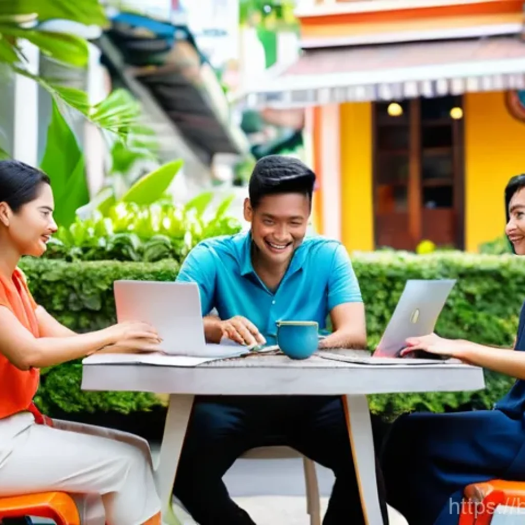 태국의 글로벌 커뮤니티 - **Prompt 1: Digital Nomads in a Vibrant Thai Co-working Cafe**
    A diverse group of men and women,...