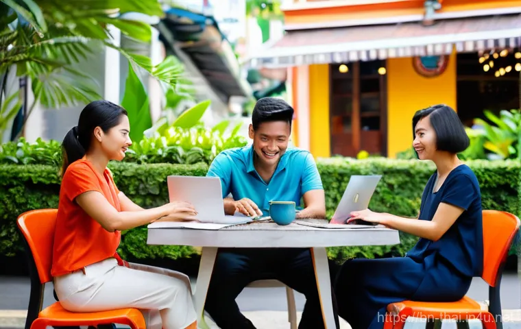 태국의 글로벌 커뮤니티 - **Prompt 1: Digital Nomads in a Vibrant Thai Co-working Cafe**
    A diverse group of men and women,...