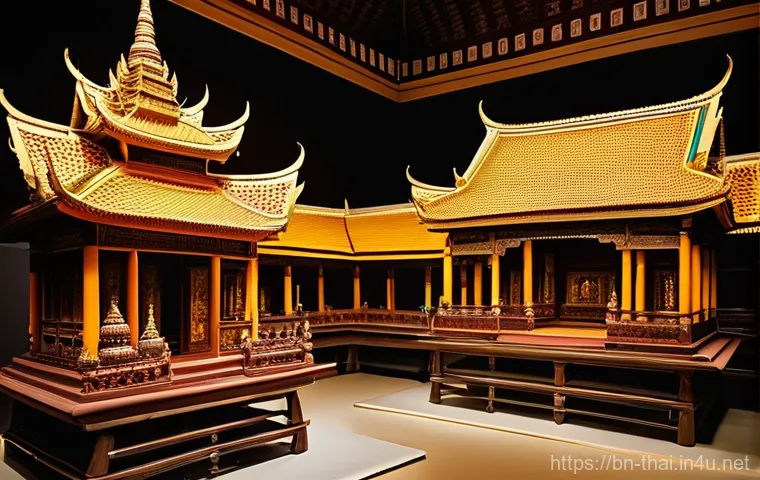 태국의 국립 박물관 - **Prompt:** "An opulent display in a museum exhibition showcasing Thai royal regalia and court attir...