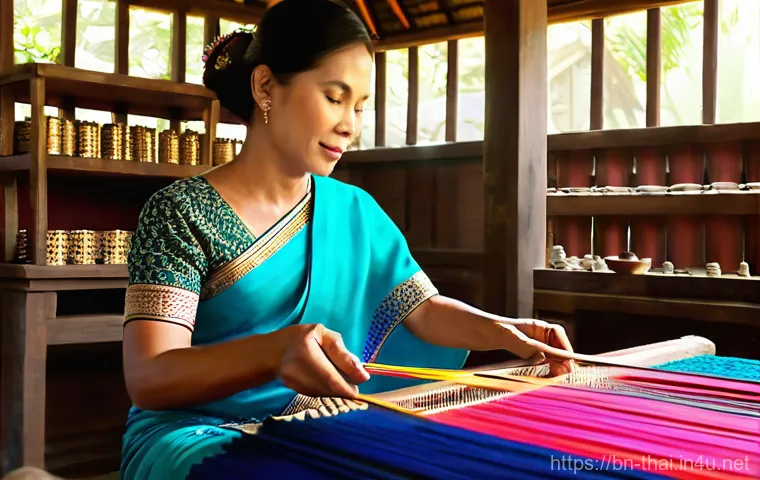 태국에서 인기 있는 기념품 - Image Prompt 1: Thai Silk Weaving and Wooden Carvings in a Traditional Workshop** 태국에서 인기 있는 기념품 - Image Prompt 1: Thai Silk Weaving and Wooden Carvings in a Traditional Workshop**