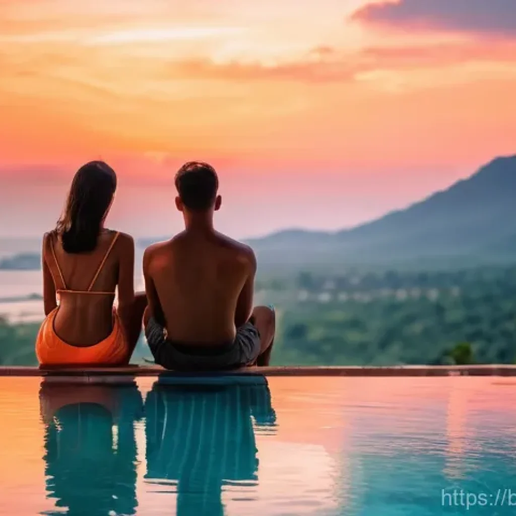 태국 섬 여행지 비교 - A serene and luxurious scene on Koh Samui. A couple or a family, dressed in elegant swimwear, relaxe...