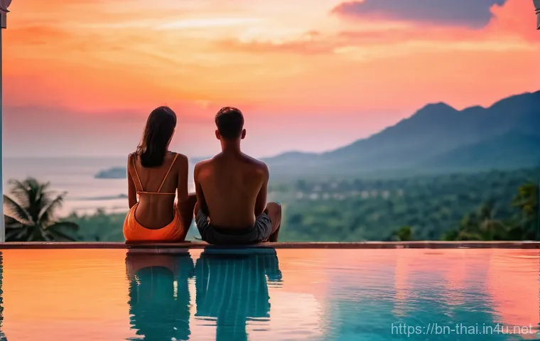 태국 섬 여행지 비교 - A serene and luxurious scene on Koh Samui. A couple or a family, dressed in elegant swimwear, relaxe...