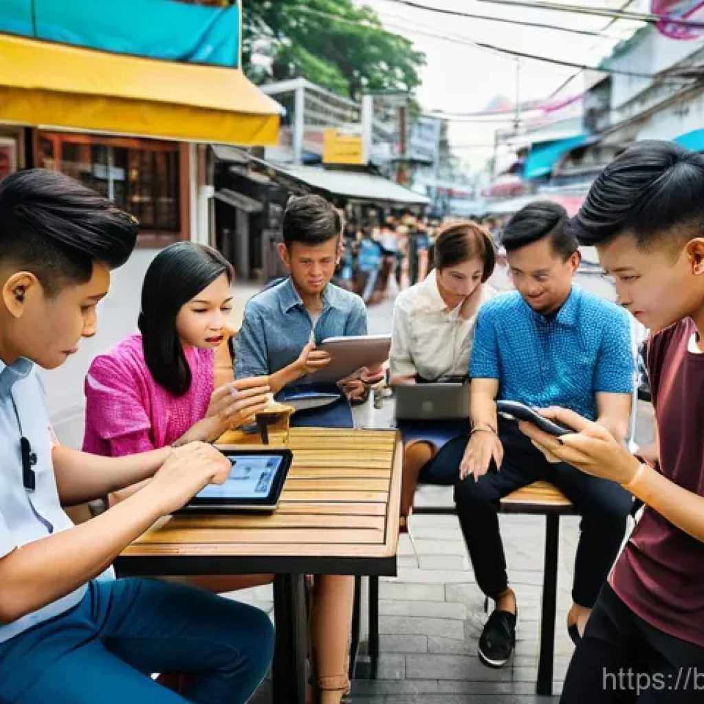 태국의 저널리즘 발전 - **Digital News Consumption and Influencers in Thailand:**
    "A vibrant scene depicting modern digi...