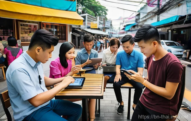 태국의 저널리즘 발전 - **Digital News Consumption and Influencers in Thailand:**
"A vibrant scene depicting modern digi...