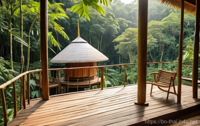 태국 여행과 ESG 관광 - **Prompt: Serene Eco-Lodge Retreat in the Thai Jungle**
    "A picturesque and tranquil eco-lodge, s...