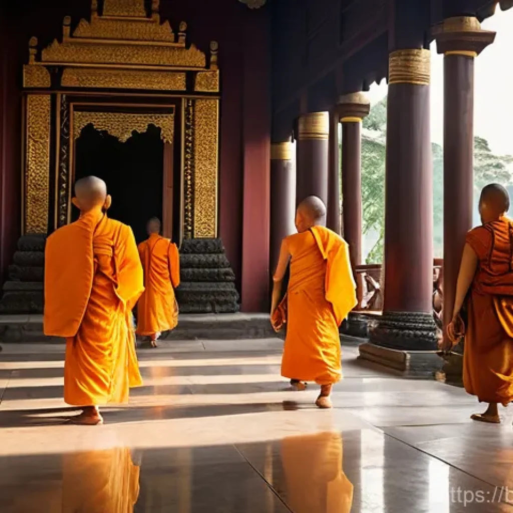 태국의 종교 의식 연구 - **Prompt:** A serene and atmospheric scene inside an ancient Thai Buddhist temple at dawn. Saffron-r...