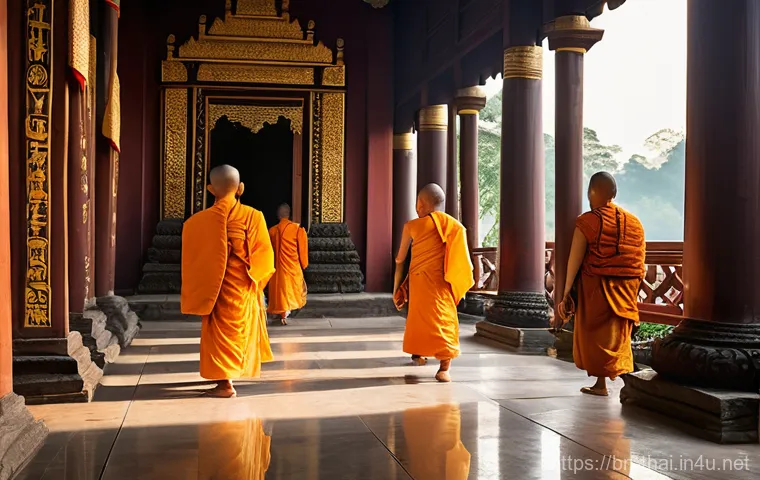 태국의 종교 의식 연구 - **Prompt:** A serene and atmospheric scene inside an ancient Thai Buddhist temple at dawn. Saffron-r...