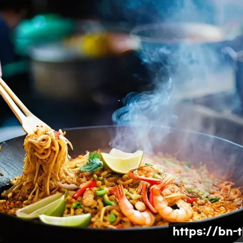 태국식 요리의 특징 - **Prompt:** A vibrant, close-up photograph capturing the essence of a bustling Thai street food mark...