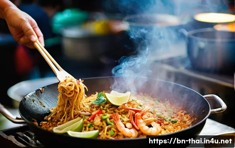 태국식 요리의 특징 - **Prompt:** A vibrant, close-up photograph capturing the essence of a bustling Thai street food mark...