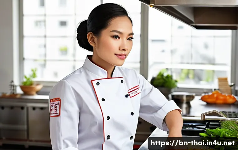 태국의 현대적 전통 융합 - **Prompt 1: Modern Thai Culinary Artistry**
    "A talented female Thai chef, in her late 20s, weari...
