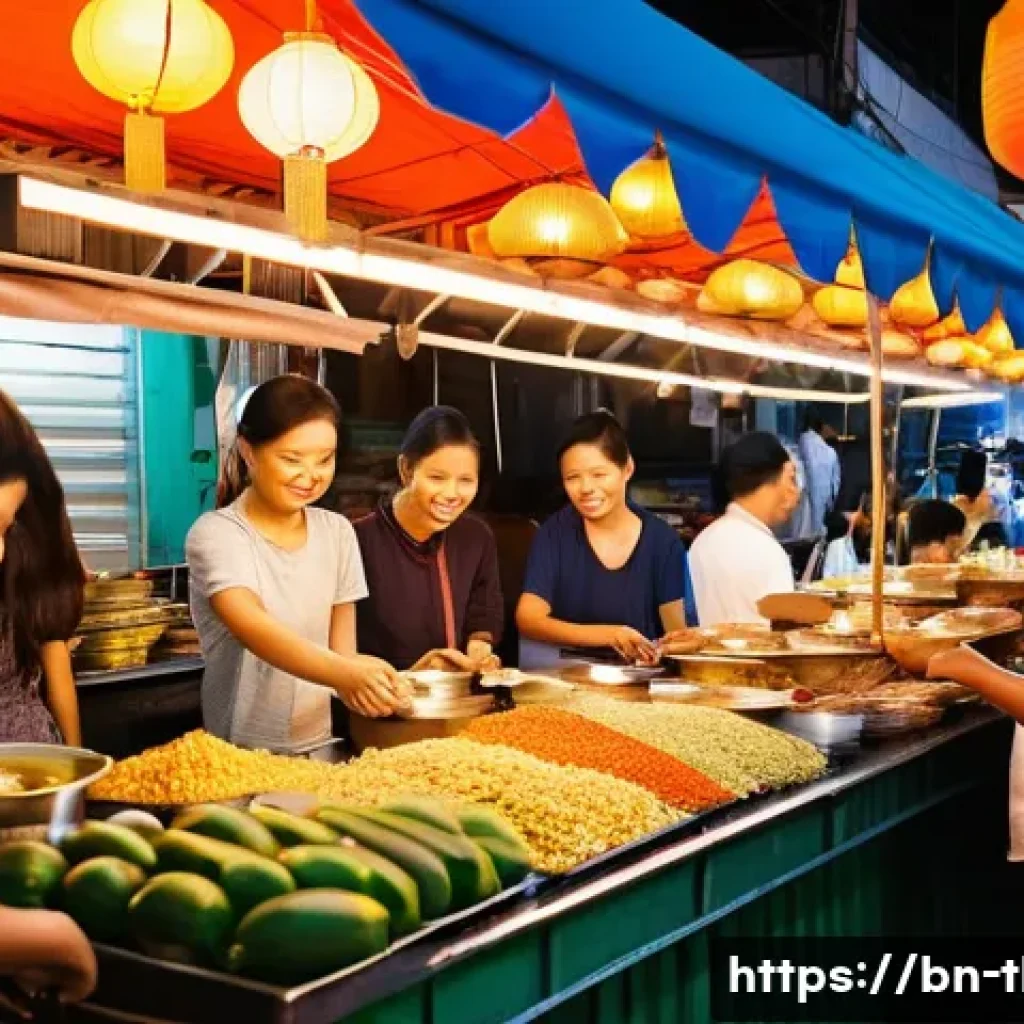 태국에서 단기 체류 - **Prompt 1: Bustling Thai Night Market Scene**
A vibrant and colorful night market in Bangkok, T...