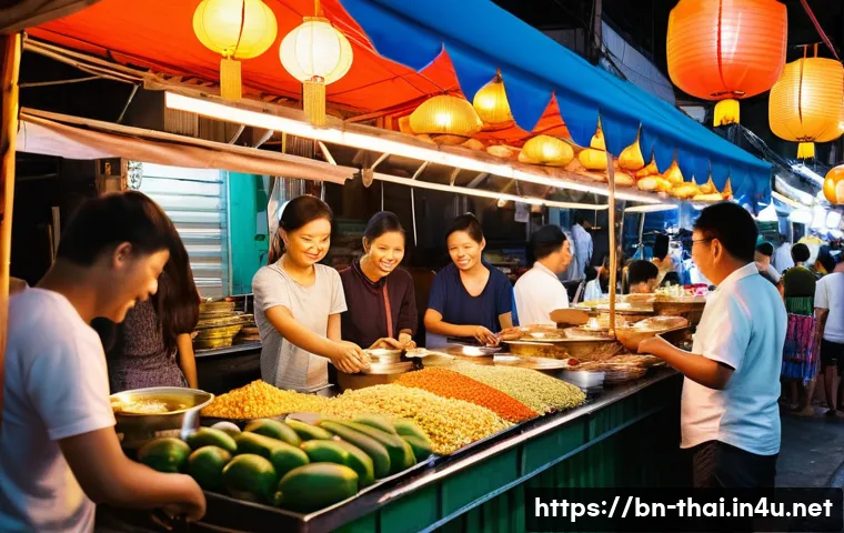 태국에서 단기 체류 - **Prompt 1: Bustling Thai Night Market Scene**
    A vibrant and colorful night market in Bangkok, T...