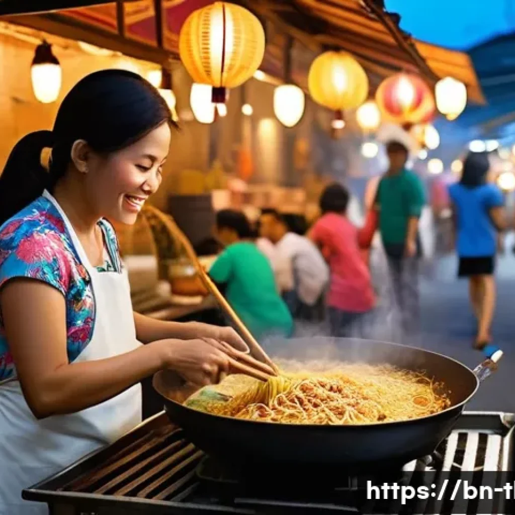 태국 저가항공 추천 - **Prompt:** A bustling, vibrant street food market in Bangkok at dusk. A friendly Thai woman, mid-50...