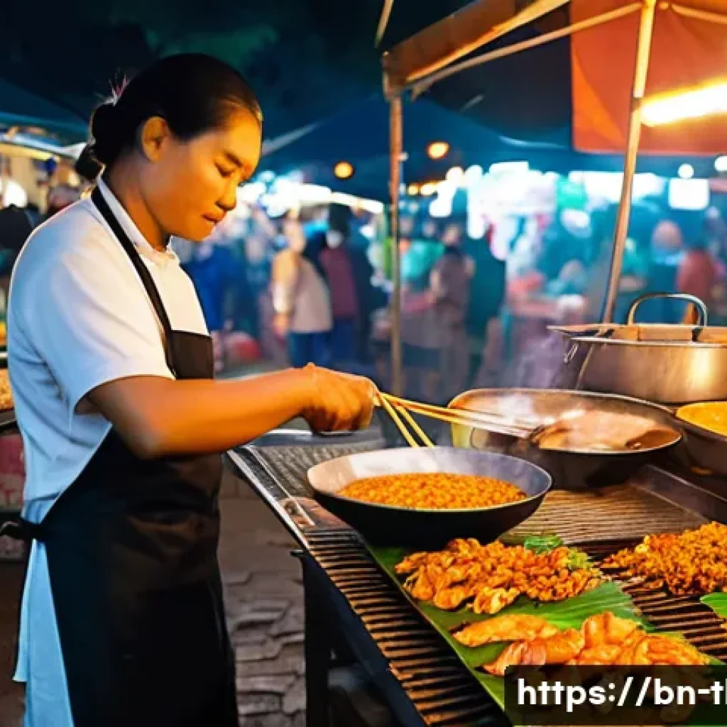 태국의 특수 요리법 - **Prompt:** A bustling Thai night market scene at dusk. In the foreground, a street food vendor, ful...