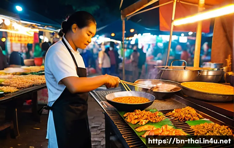 태국의 특수 요리법 - **Prompt:** A bustling Thai night market scene at dusk. In the foreground, a street food vendor, ful...
