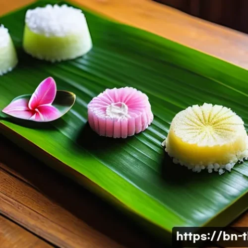 Home 33 태국에서 인기 있는 디저트 - A vibrant close-up scene of traditional Thai desserts made with coconut milk and rice flour, beautif...