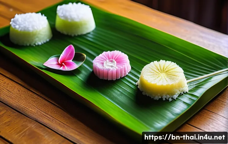 태국에서 인기 있는 디저트 - A vibrant close-up scene of traditional Thai desserts made with coconut milk and rice flour, beautif...