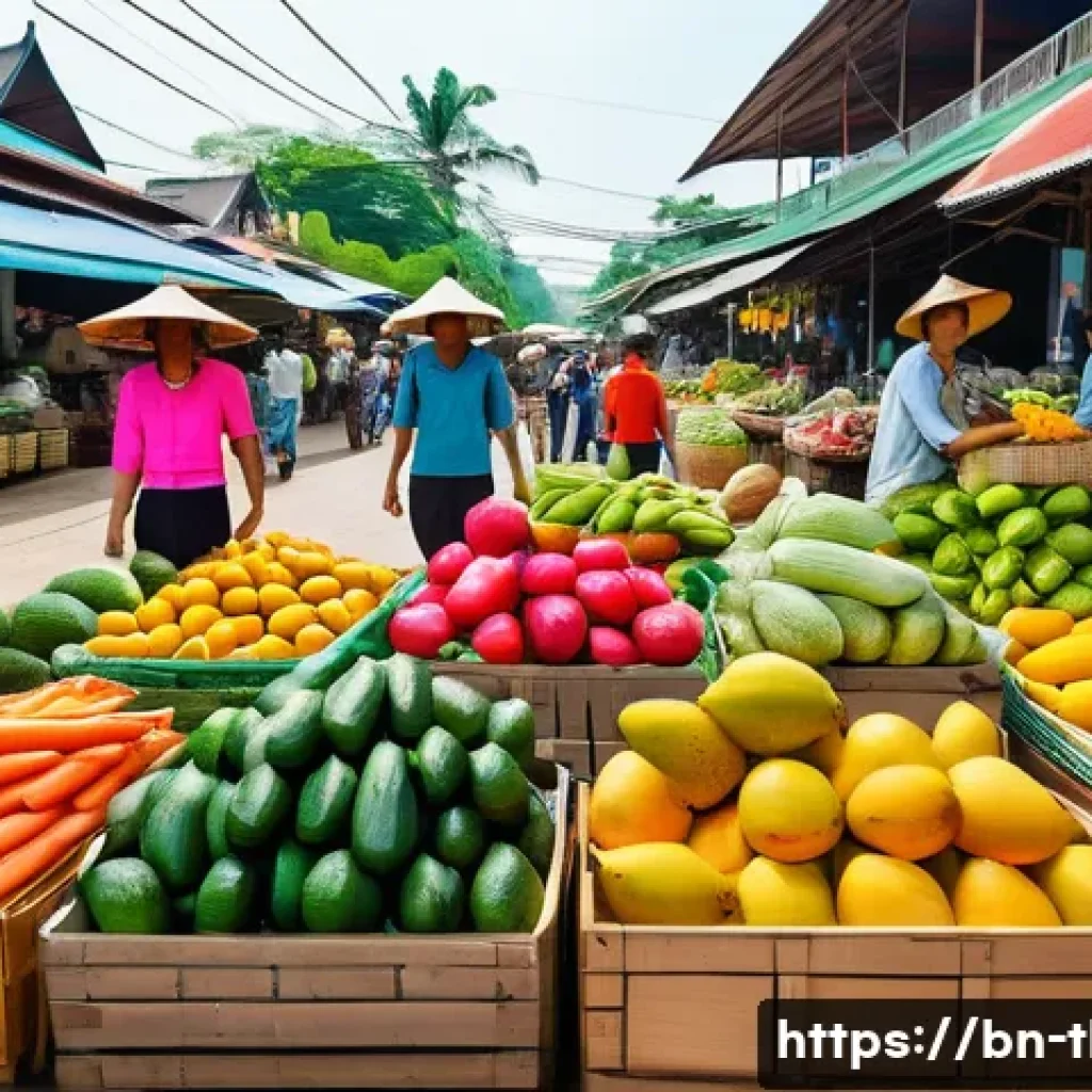 태국의 농산물 시장 - A vibrant and bustling Thai agricultural market scene featuring diverse fresh fruits and vegetables ...