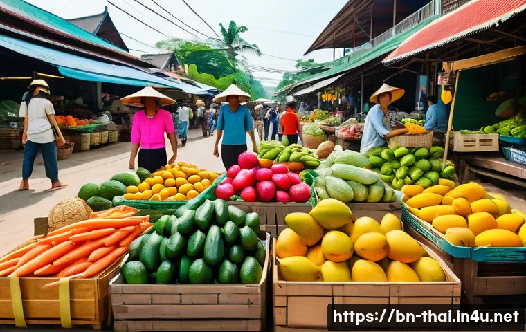 태국의 농산물 시장 - A vibrant and bustling Thai agricultural market scene featuring diverse fresh fruits and vegetables ...