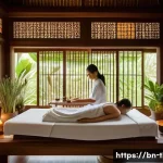 Home 18 태국 인기 스파 브랜드 - A serene Thai spa interior blending traditional and modern elements: a warm wooden room with intrica...