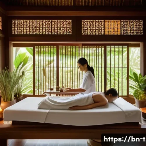 Home 30 태국 인기 스파 브랜드 - A serene Thai spa interior blending traditional and modern elements: a warm wooden room with intrica...