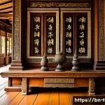 Home 23 태국의 전통 서예 - A serene Thai temple interior showcasing intricate rukrang calligraphy engraved on aged wooden panel...