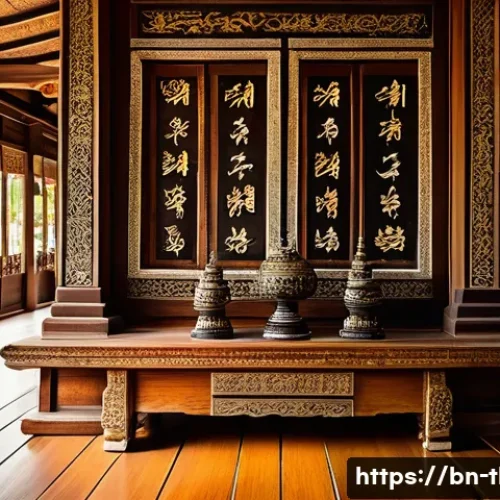 Home 17 태국의 전통 서예 - A serene Thai temple interior showcasing intricate rukrang calligraphy engraved on aged wooden panel...
