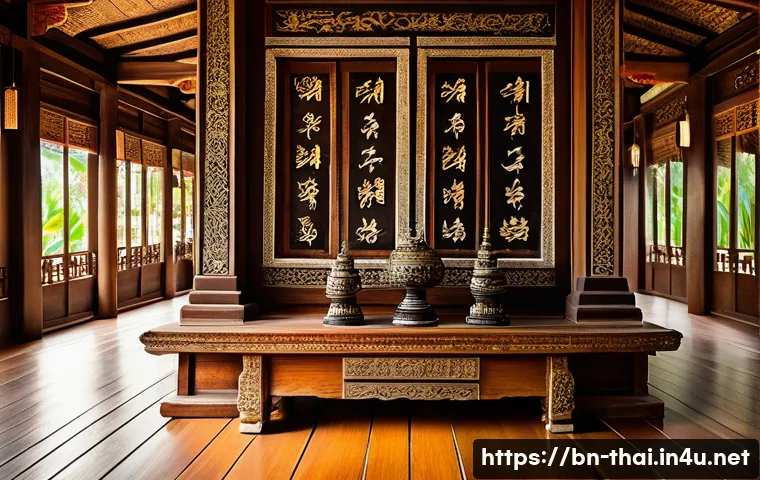 태국의 전통 서예 - A serene Thai temple interior showcasing intricate rukrang calligraphy engraved on aged wooden panel...