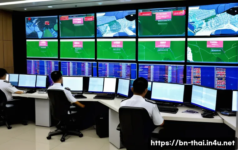 태국의 스마트 도시 운영 - A bustling urban street in Bangkok at dusk featuring smart traffic management technology: multiple s...