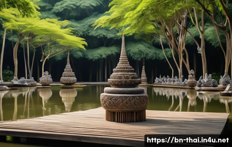 태국의 야외 예술 전시 - An outdoor art exhibition set beneath a vast open sky in a lush green park in Thailand, featuring sc...