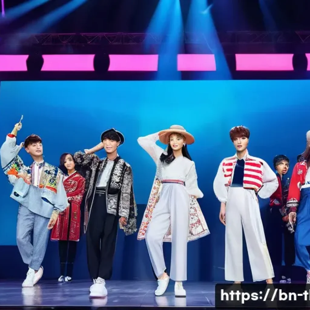 태국 출신 K pop 아이돌 - A vibrant concert stage scene featuring a diverse group of multinational K-pop idols performing toge...