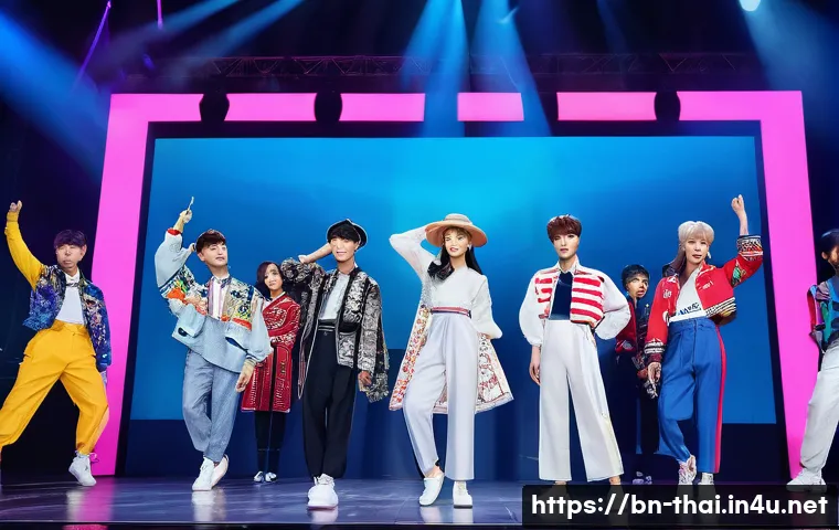 태국 출신 K pop 아이돌 - A vibrant concert stage scene featuring a diverse group of multinational K-pop idols performing toge...