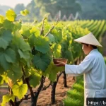 태국의 와인 문화 - A vibrant Thai vineyard scene blending tradition and modern technology: local farmers wearing tradit...