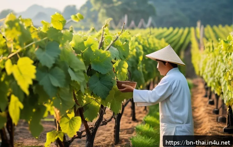 태국의 와인 문화 - A vibrant Thai vineyard scene blending tradition and modern technology: local farmers wearing tradit...
