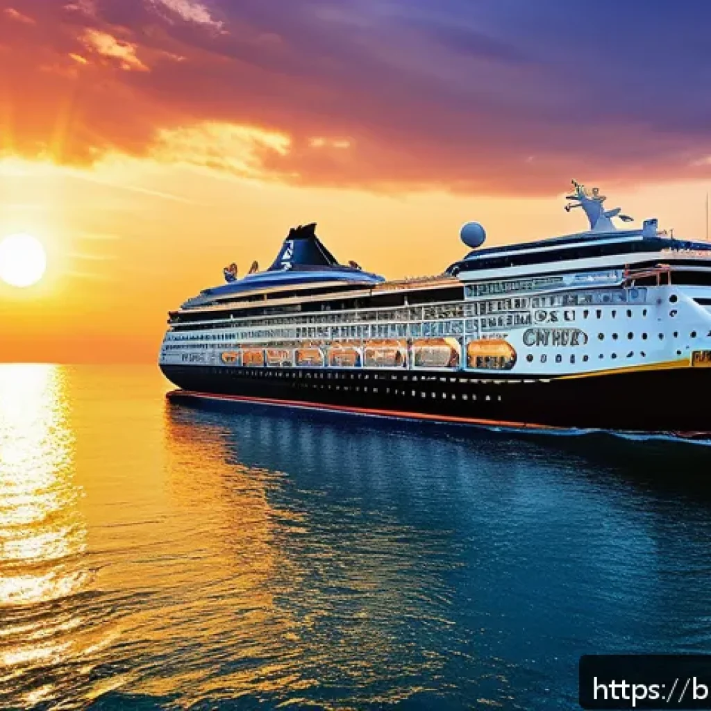 태국의 크루즈 여행지 - A luxurious cruise ship sailing on calm, deep blue ocean waters under a vibrant golden sunset sky, r...