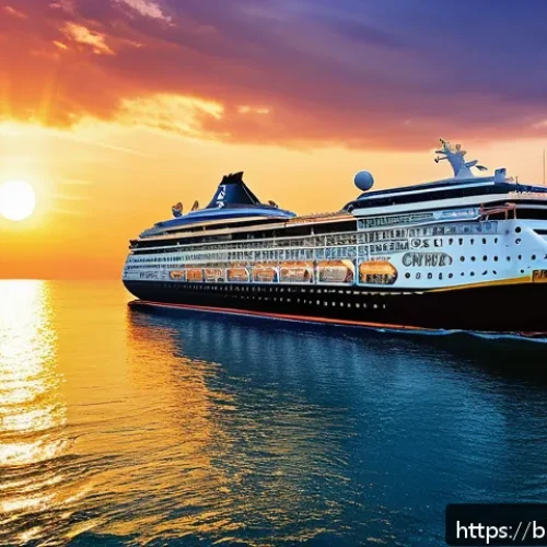 태국의 크루즈 여행지 - A luxurious cruise ship sailing on calm, deep blue ocean waters under a vibrant golden sunset sky, r...