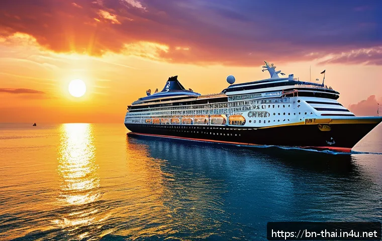 태국의 크루즈 여행지 - A luxurious cruise ship sailing on calm, deep blue ocean waters under a vibrant golden sunset sky, r...