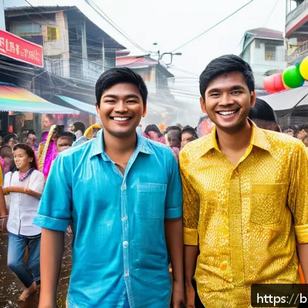 태국의 민속 문화 연구 - A vibrant street scene during the Songkran festival in Thailand, showing crowds of people joyfully s...