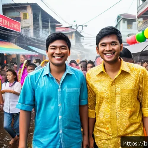 태국의 민속 문화 연구 - A vibrant street scene during the Songkran festival in Thailand, showing crowds of people joyfully s...