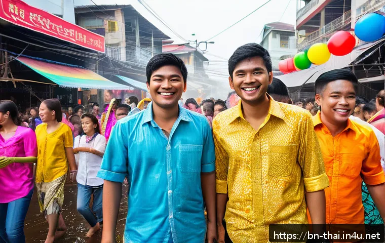 태국의 민속 문화 연구 - A vibrant street scene during the Songkran festival in Thailand, showing crowds of people joyfully s...
