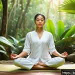 태국의 의료 관광 코스 - A serene scene of a Bengali woman practicing deep meditation in a lush Thai jungle setting, surround...