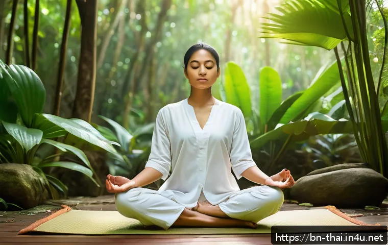 태국의 의료 관광 코스 - A serene scene of a Bengali woman practicing deep meditation in a lush Thai jungle setting, surround...