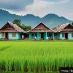 태국의 빈곤율 현황 - A rural Thai village scene depicting a modest school with worn-out infrastructure and children in si...