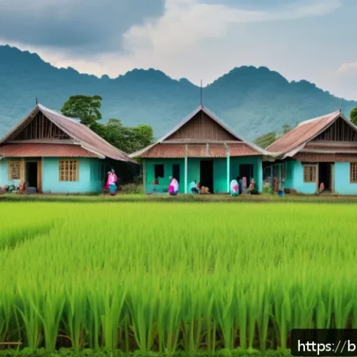 태국의 빈곤율 현황 - A rural Thai village scene depicting a modest school with worn-out infrastructure and children in si...